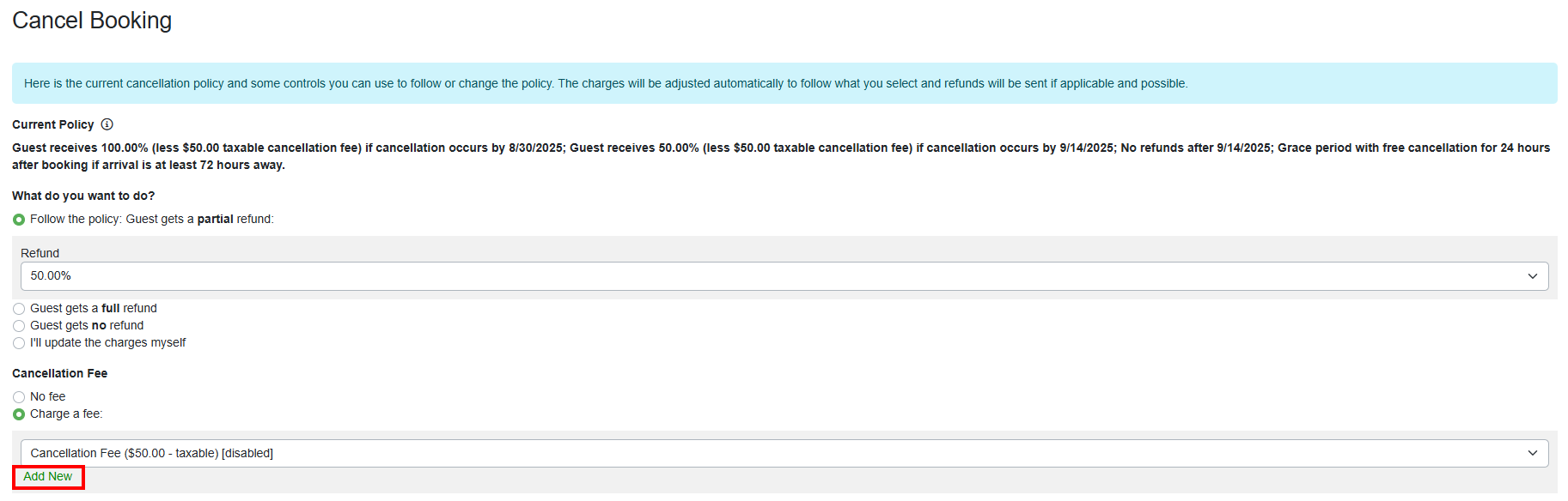 Cancellation > Add New Cancellation Fee