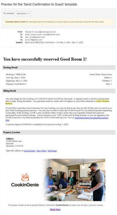 Send Confirmation to Guest system message preview example