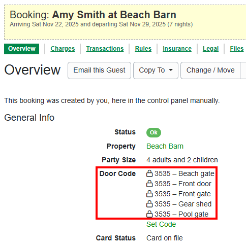 Here's an example of the door lock code list, located in Booking Overview > General Info > Door Code.
