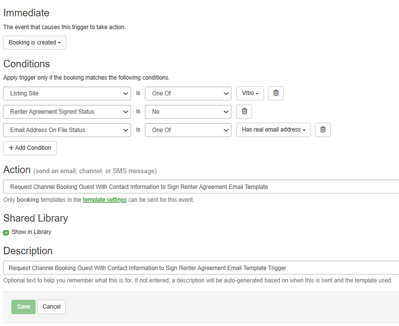 Trigger to Send Booking Template Requesting Channel Booking Guest With Contact Info to Sign Renter Agreement