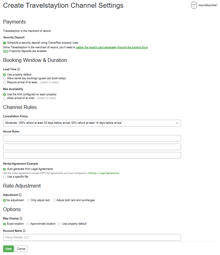 To set up and connect Travelstaytion, navigate to Settings > Channel Management > Channel Integrations > + Connect a Channel > Connect Travelstaytion.  Complete the Payments, Booking Window & Duration, Channel Rules, Rate Adjustment, and Options sections, and Save.