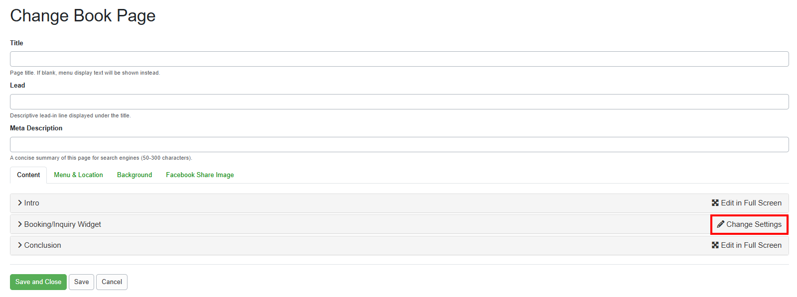 In the Book Now page editor, locate the ‘Booking/Inquiry Widget’ section and click Change Settings.