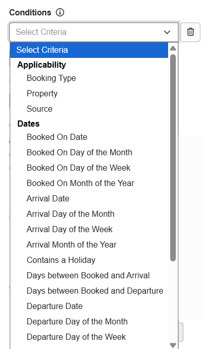 Adding Conditions to your surcharge provides additional surcharge criteria, including Applicability, Dates, and Guest options.