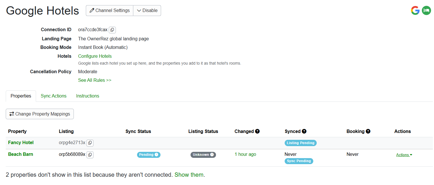 When saved, the Google Hotels channel integration will list your hotel and any mapped property (ies).
