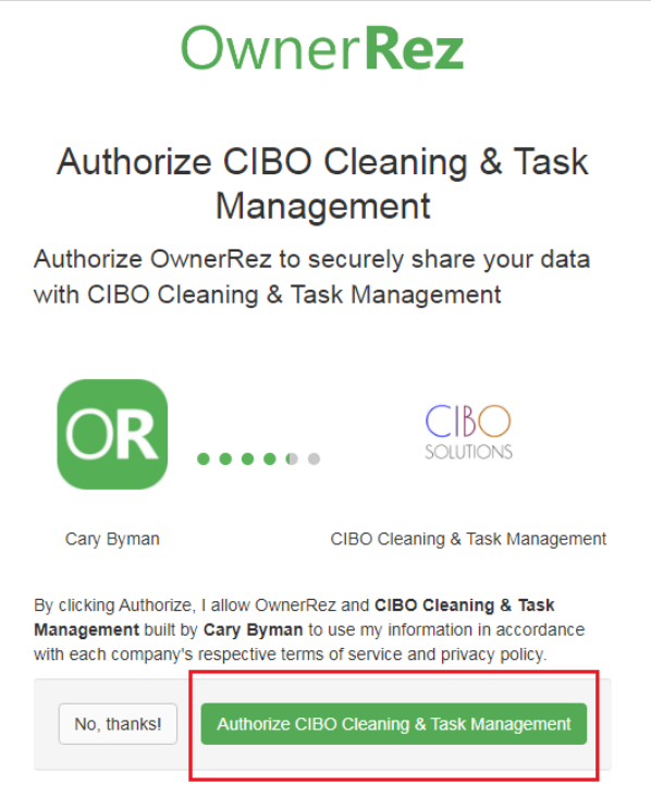 An authorization page will appear, and you must click Authorize CIBO Cleaning & Task Management.