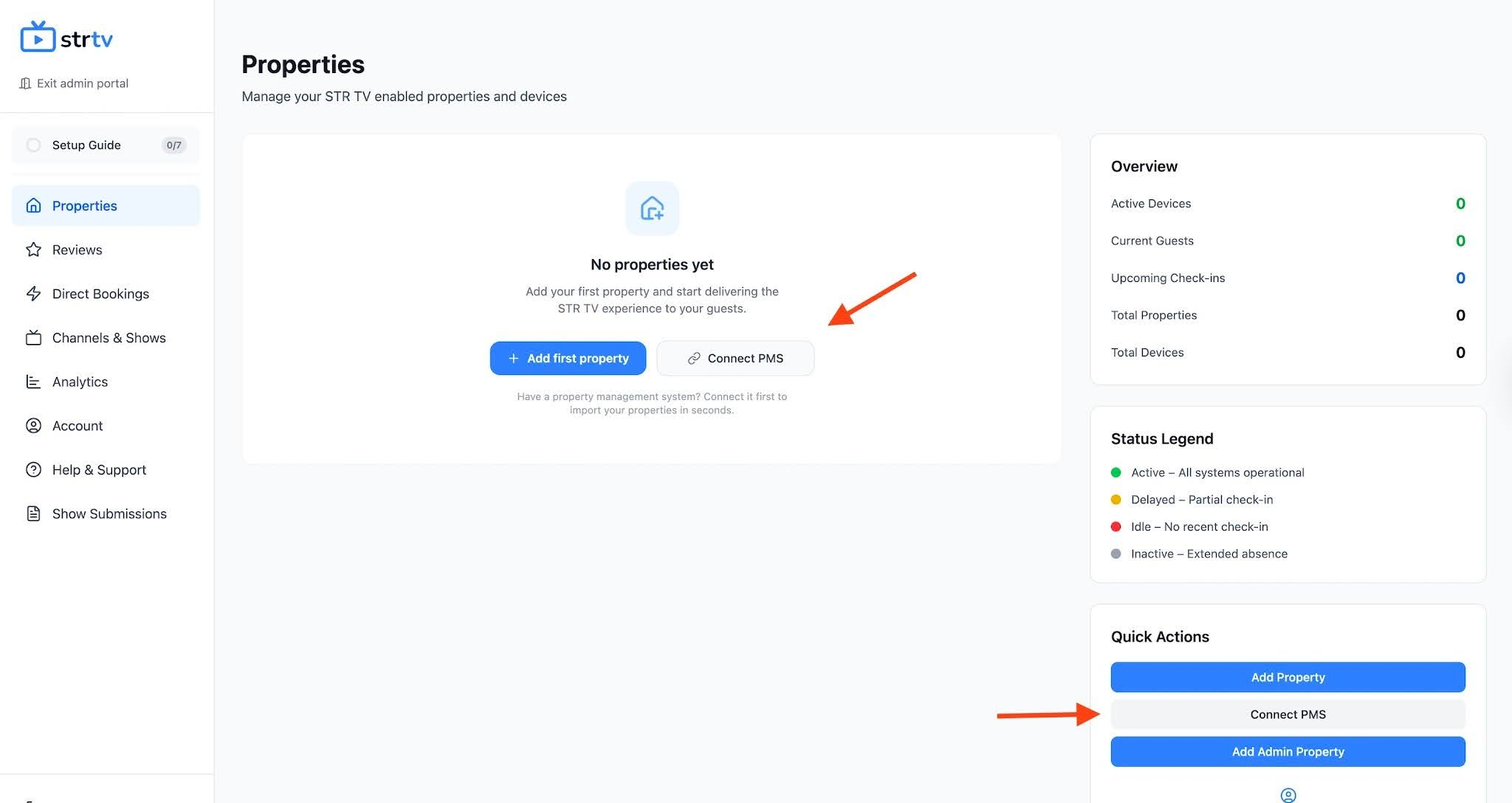 2. In the bottom-right corner, under Quick Actions, click Connect PMS or Change PMS.
