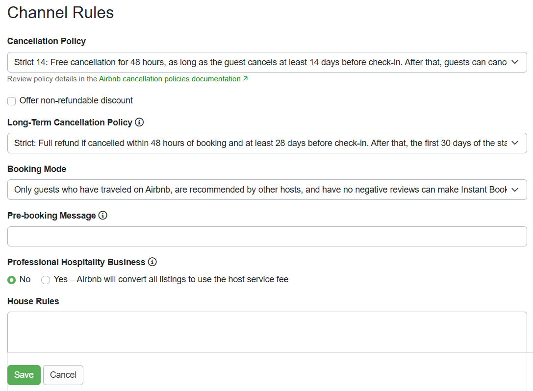 Configure settings (e.g., Cancellation Policies, etc.) specific to Airbnb so OwnerRez knows what to send to them.