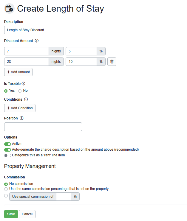 On the Create Length of Stay page, enter the Description and Discount Amounts (number of Nights and Percentage). We added a 5% discount for a 7-night stay and a 10% discount for a 28-night stay.