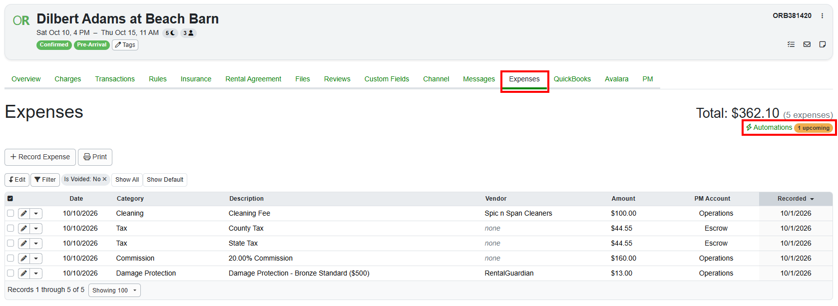 After automated expenses are configured, they will be displayed in individual bookings. You can find your automated expenses by navigating to the individual Booking > Expenses > and clicking on the upper-right Automations link.