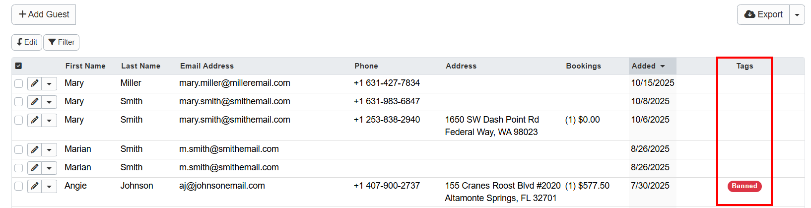 Additionally, the Banned badge appears in the Tags column on the Contacts grid.