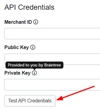 After entering the Merchant ID, Public Key, and Private Key in OwnerRez, verify your credentials using the Test API Credentials button.