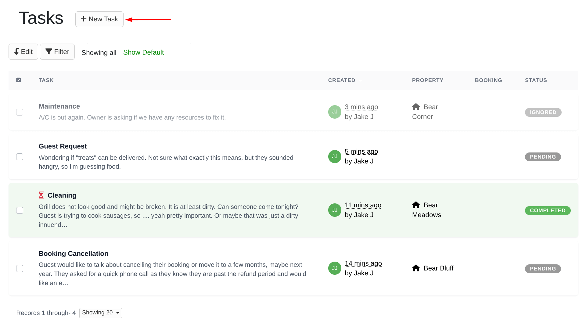 Rezzy doesn’t just reply to guests; Rezzy helps manage your workflow. You’ll find a brand-new Tasks area where Rezzy logs to-dos from guest messages. Track issues, add notes, attach files, and even manually create tasks by clicking + New Task.