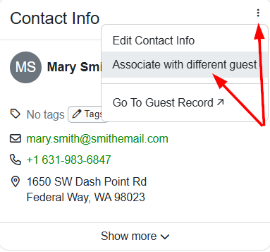 In the specific Booking Overview, in the right-side Contact Info box, click the kebab menu and select Associate with different guest from the dropdown list.
