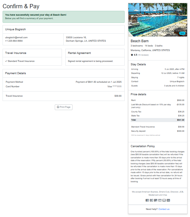 The Confirm & Pay Confirmation page confirms that your guest has successfully booked your property and allows them to print this confirmation page.