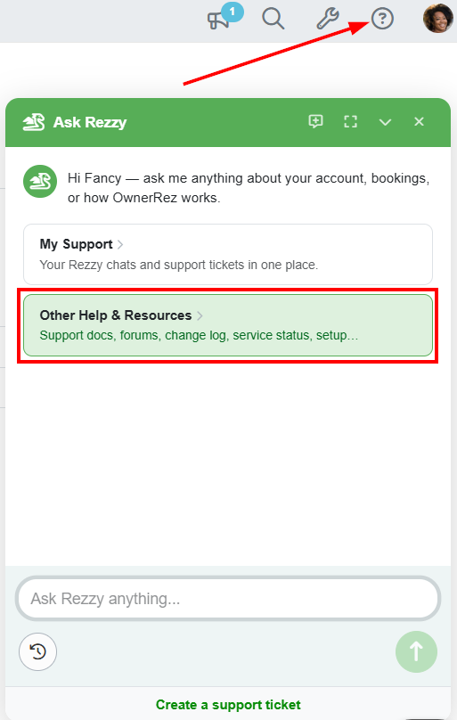 Click the in-app Help menu to activate Ask Rezzy and get assistance&nbsp;available immediately by clicking on the top ? icon > Other Help & Resources.