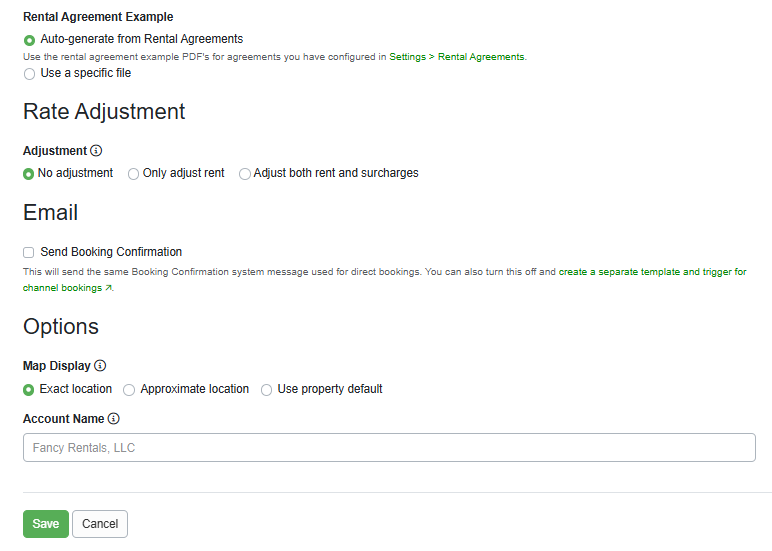 Choose from the Rental Agreement Example options (such as Auto-generate or Use a specific file), add a Rate Adjustment if desired, complete the map Options section, and then Save.