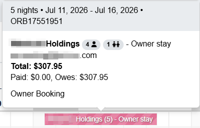 When saved, the new owner's booking appears on the ribbon calendar when hovered over.