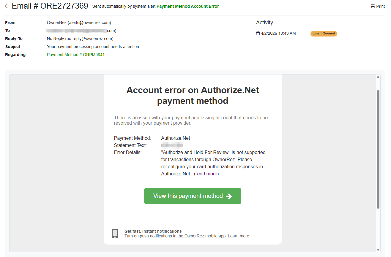OwnerRez added a system email notification to warn users when their Authorize.Net account is configured with the unsupported 