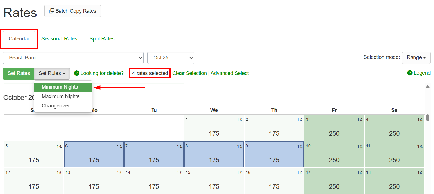 You can set Minimum/Maximum nights and Changeover Rules by selecting specific dates, clicking on the Set Rules dropdown list, and selecting either Minimum or Maximum Nights.