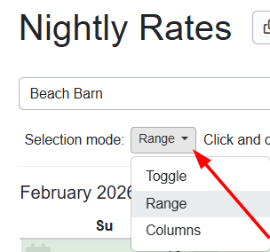 Users can select nights using the Selection mode drop-down list at the top left of the Nightly Rates calendar.