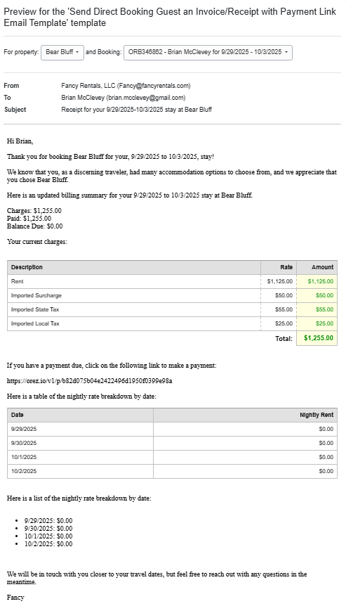 Send Direct Booking Guest an Invoice/Receipt with Payment Link Email Template Preview