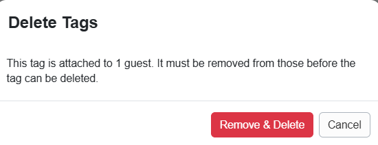 When deleting a tag, the Delete Tags pop-up displays any tag attachments and offers Remove & Delete and Cancel options.