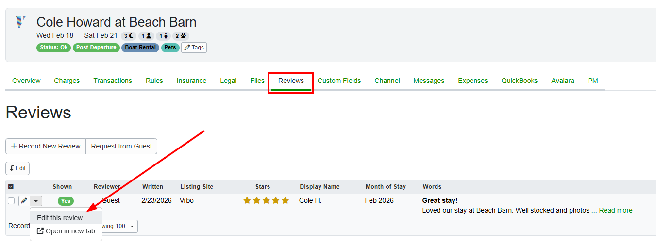 OwnerRez users can respond to a Hosted Website guest review by navigating to the individual Booking >&nbsp;Reviews.&nbsp;Click on the Pen icon and select Edit this review from the drop-down list.