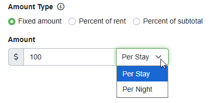 In the Amount Type field, you can select a Fixed amount of discount per stay or night, or a Percentage of rent per stay, or Percent of subtotal per stay.
