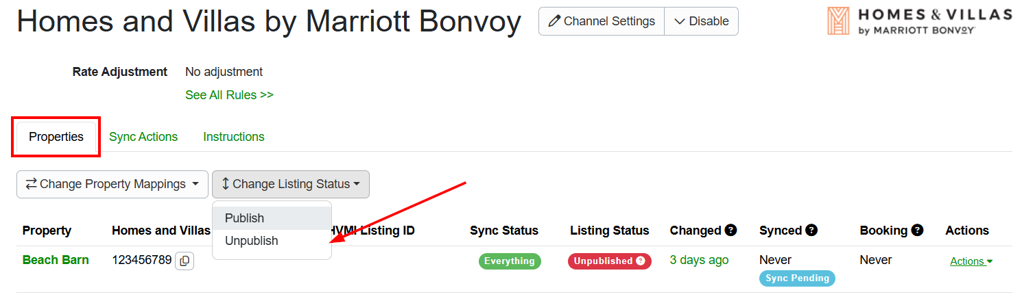To unpublish your property in OwnerRez, navigate to&nbsp;your&nbsp;Homes and Villas by Marriott Bonvoy channel integration (Settings > Channel Management > Channel Integrations > select your Homes & Villas by Marriott Bonvoy channel) > Properties tab, and from the Change Listing Status dropdown list, select Unpublish.