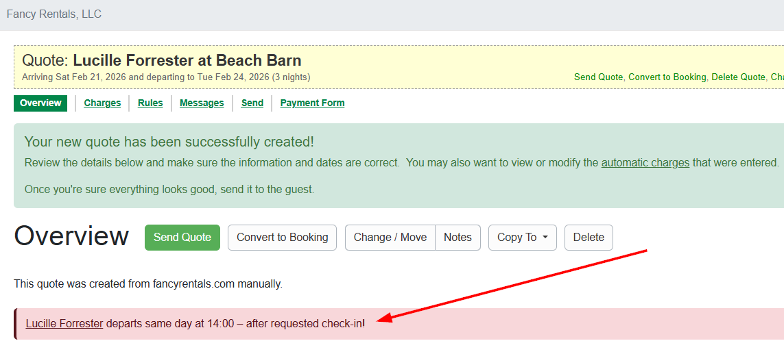 If an overlapping changeover occurs, the Quote overview displays a pink warning banner that indicates a conflicting check-in or check-out time for the guest name of the conflicting booking, and you can click the link to go to that booking.