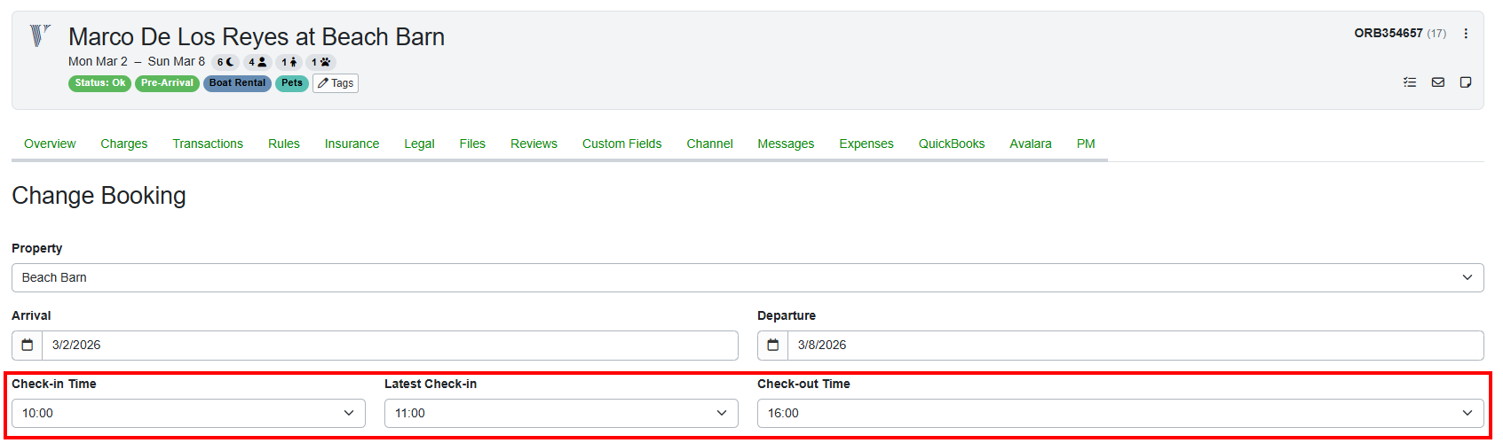 On the Change Booking page, navigate to Check-in Time and/or Check-out Time to make your desired changes. Click Save.