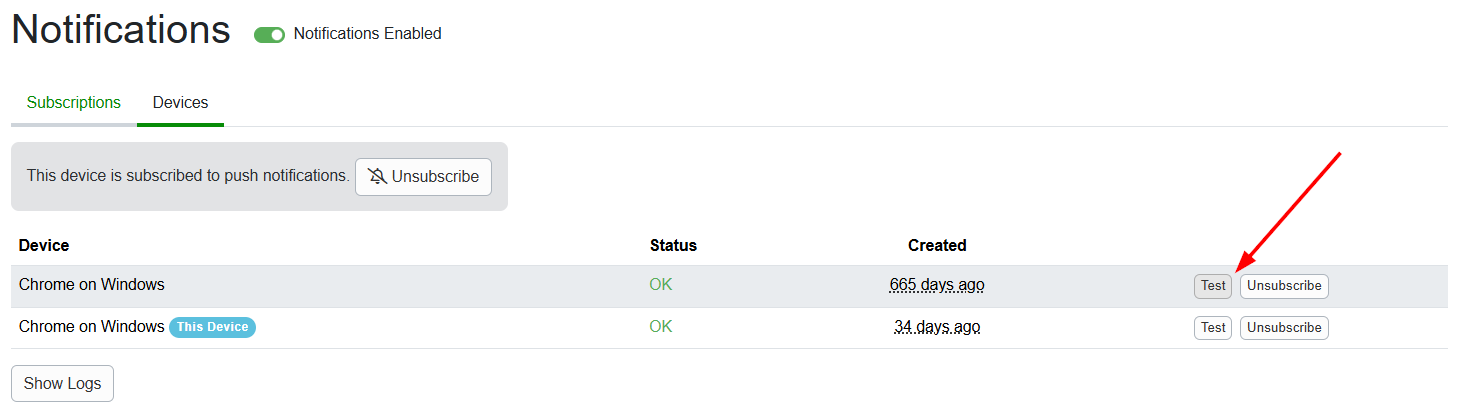 Hosts can test their subscribed devices by navigating to&nbsp;My Profile >&nbsp;Notifications > Devices tab, and clicking on the Test button.