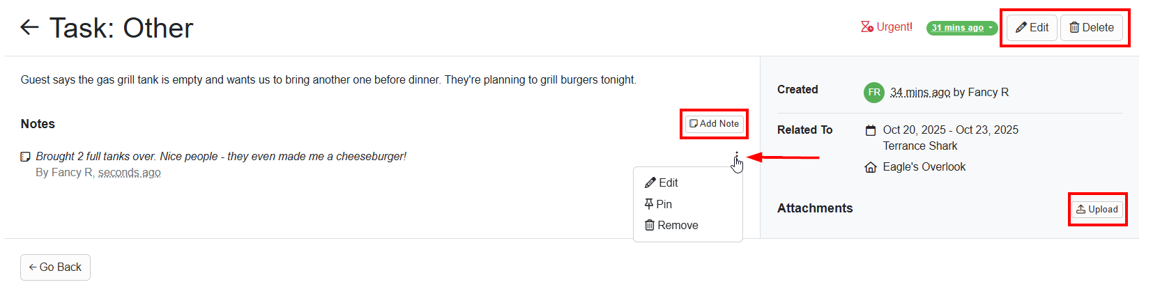 Click directly on a Task to edit, delete, add a Note, edit a previous note, or upload an attachment.