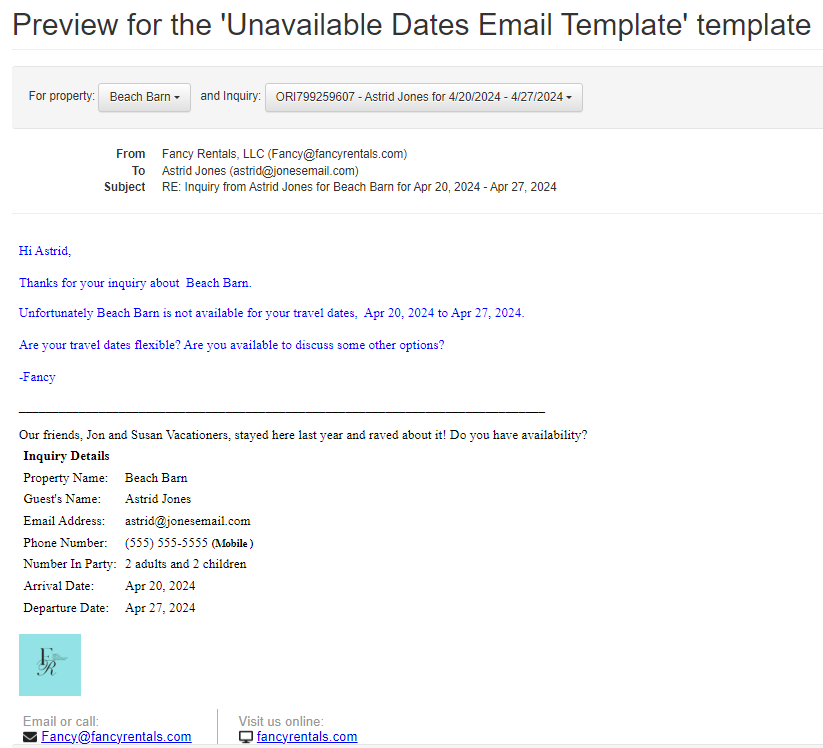 Dates are Unavailable To Guest Template Preview