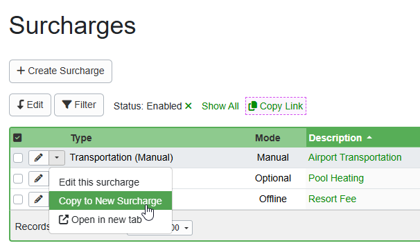 In the Surcharges grids, click on an existing surcharge dropdown list and select 
