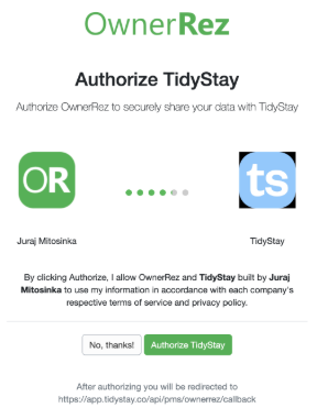 2. Sign in to OwnerRez and approve  You'll land on OwnerRez. Sign in if you aren't already, then click Authorize TidyStay. Your password stays with OwnerRez &mdash; TidyStay never sees it.