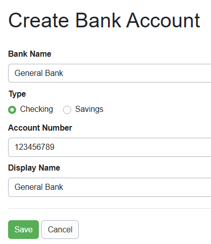 Add your bank account by navigating to Settings > Financial > Bank Accounts > + Create Bank Account.