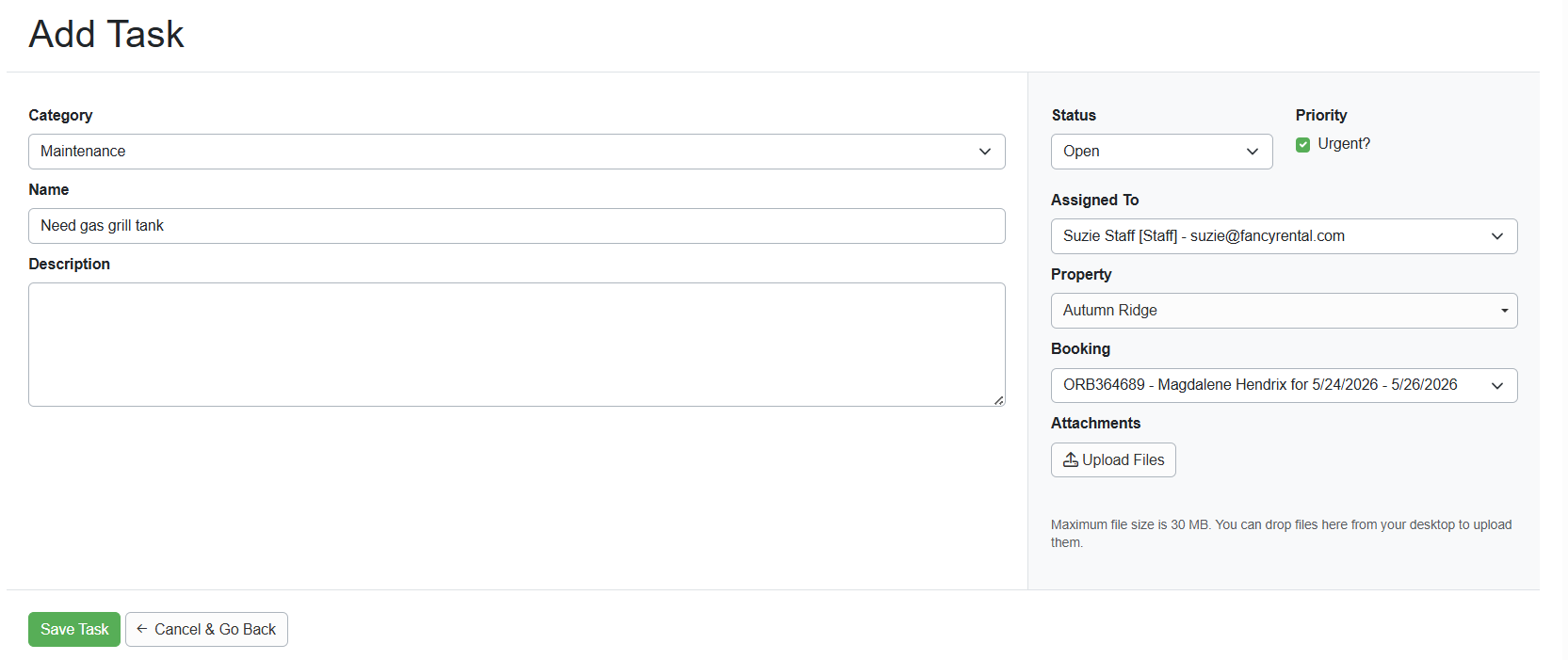 Enter the Task Category, Name, Description (not required), Status, Assignment, Property, Booking, whether this task is a Priority, attach any files if necessary, and Save.