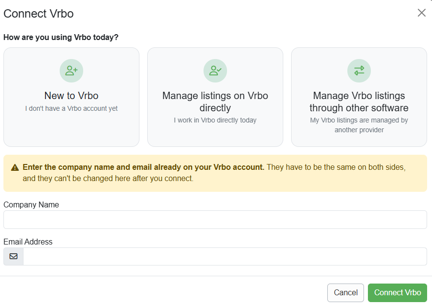 To get started, navigate to Settings > Channel Management > Channel Integrations > + Connect a Channel > Connect Vrbo, and you'll see the options to Connect to an Existing Vrbo Account,&nbsp;Create a New Vrbo account, or specify OwnerRez to manage your Vrbo listings.