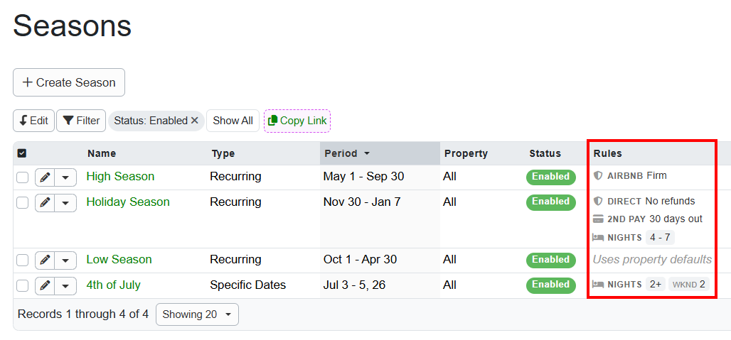 OwnerRez improved the Seasons grid to now display a consolidated Rules column that surfaces every override a season has&mdash;including cancellation policies (Direct, Vrbo, Airbnb), second-payment terms, and all stay-night constraints, allowing you to see which policies apply to each season without opening the edit page. Seasons that don't override any rules show Uses property defaults. Check out the updated Seasons grid by navigating to Settings > Pricing > Seasons.