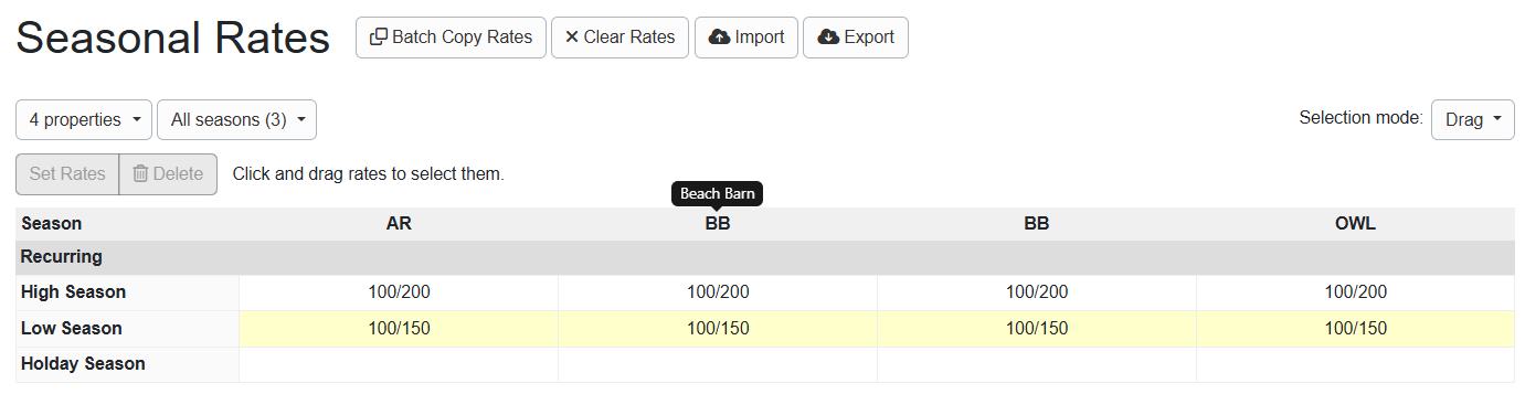 Instead of a tabbed Rates area, the Seasonal Rates area has its own dedicated page with Import and Export options at the top.
