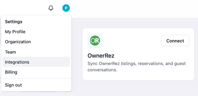 In the top navbar, click Integrations, then click Connect OwnerRez.