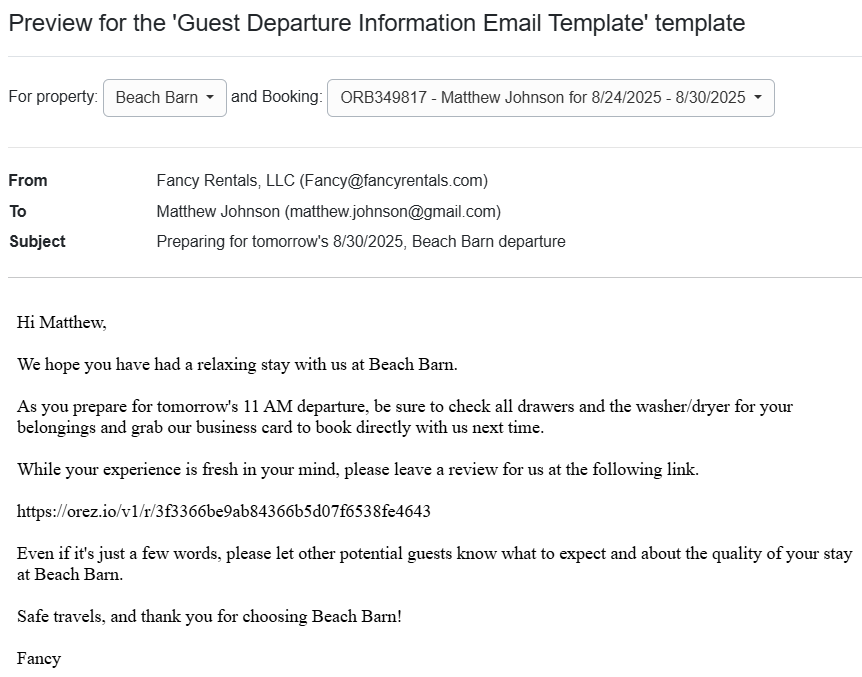 Guest Departure Information Email Template Preview