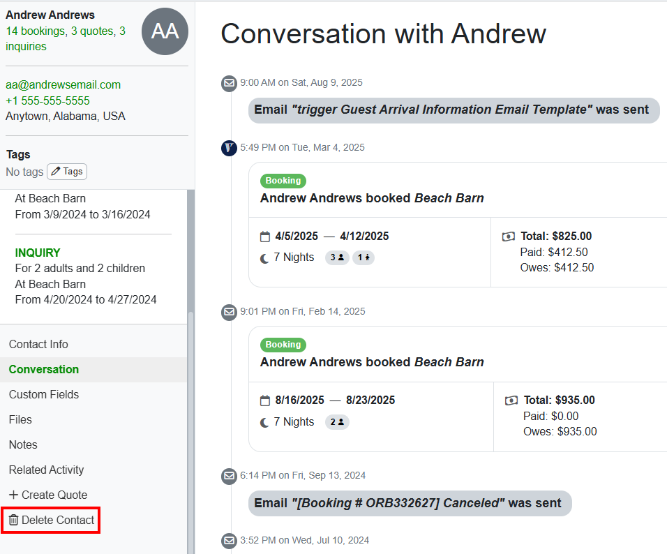 In the individual guest activity timeline view, users can delete the guest by navigating to Actions >&nbsp;Delete Guest.