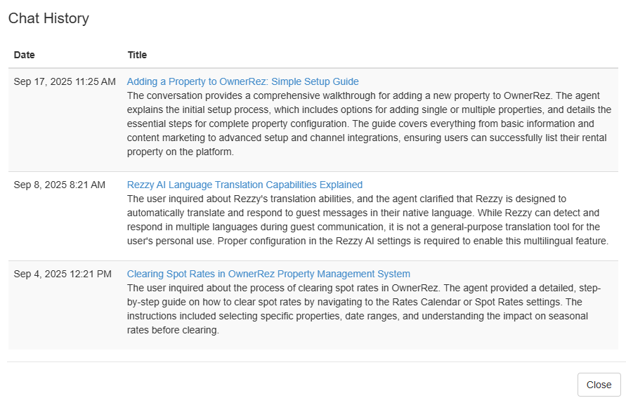 The Rezzy AI Chat History pop-up displays your past Rezzy AI chats.