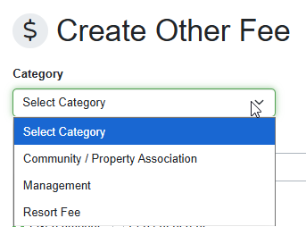 From the Category dropdown list, select the type of surcharge or fee (e.g., Community/Property Association, Management, and Resort Fees). Your category selection automatically populates your Description field, but you can still edit it to something more appropriate.