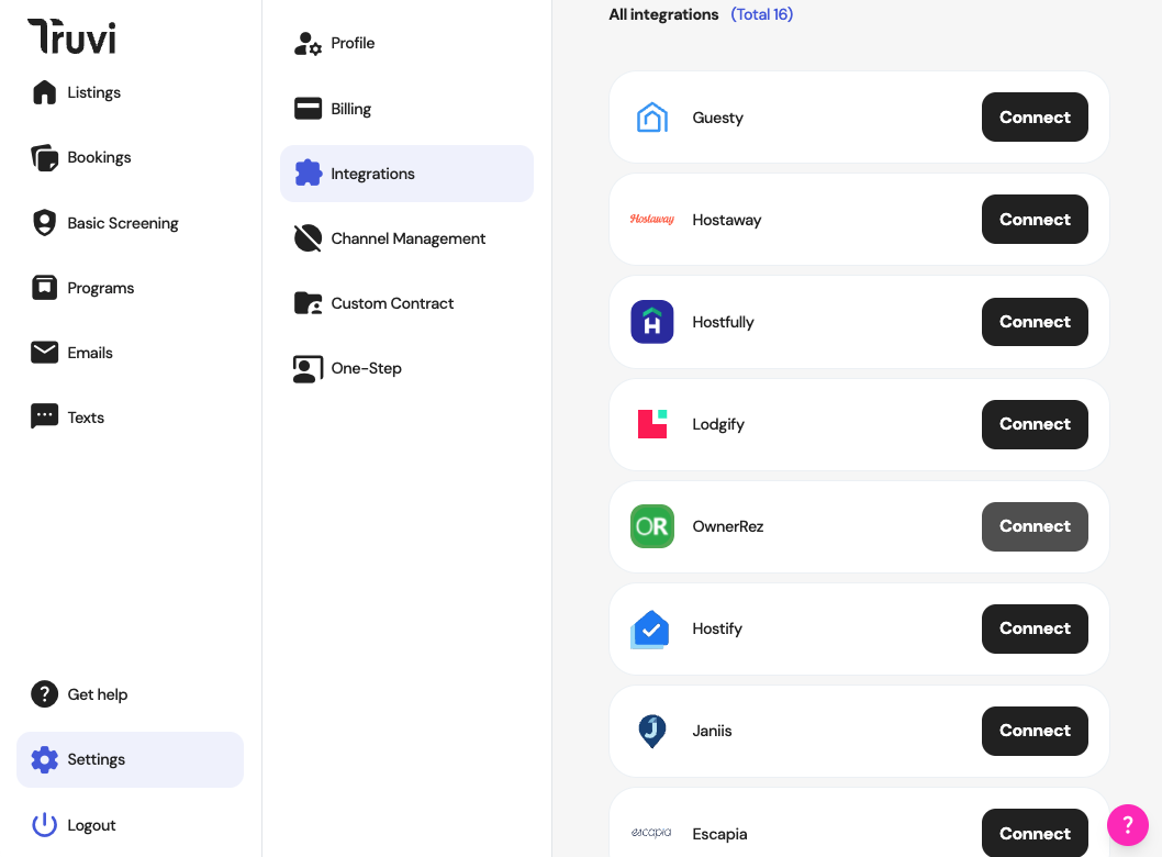 On the left sidebar, select Settings > Integrations > Ownerrez.