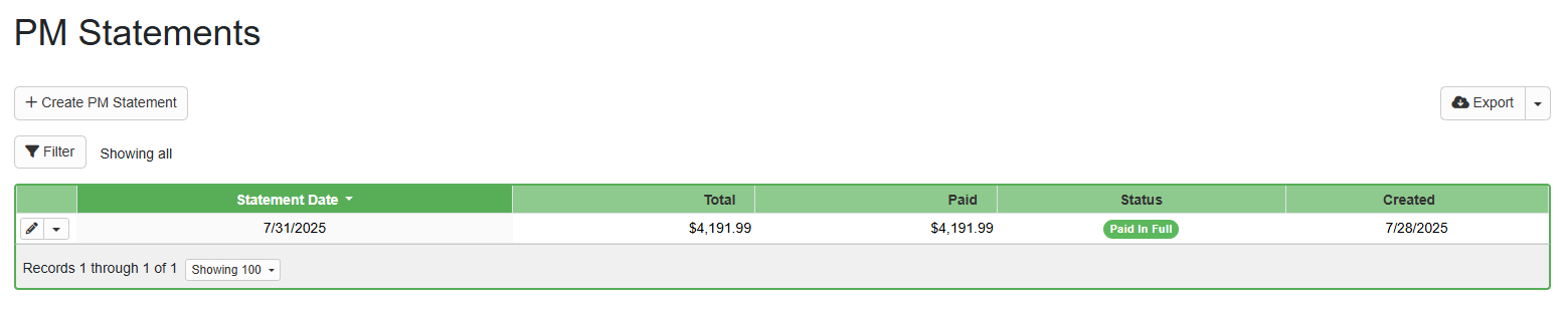 Now, when you view the PM Statements grid, you see that the status is Paid in Full.