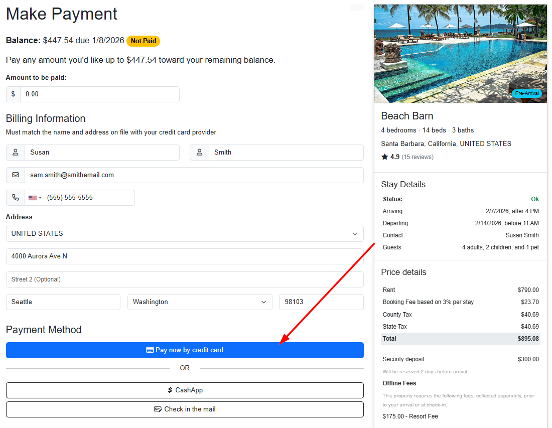 Preview the secure online guest form that your guest will see when they click on the link from the email you are sending to the guest by clicking on the&nbsp;Preview&nbsp;button or clicking on the Copy button to copy the URL and paste it into a new browser tab to view. Please note that the guest will be able to update their credit card details on this formby clicking on the Pay now by credit card.