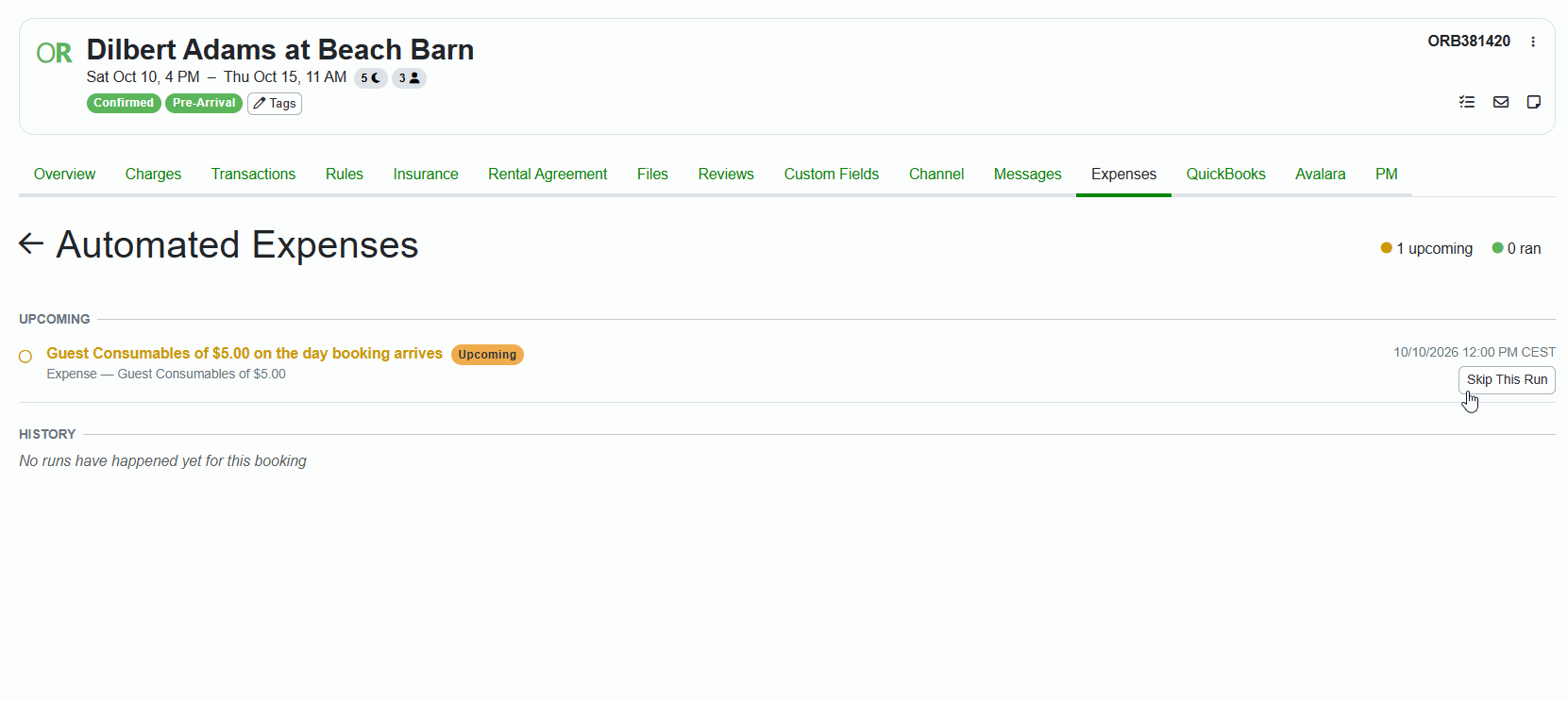 When clicked, Automated Expenses will be displayed.&nbsp;You can skip the automated expense by clicking the Skip This Run button on the right. Conversely, skipped automated expenses can be reinstated by clicking the Restore button.